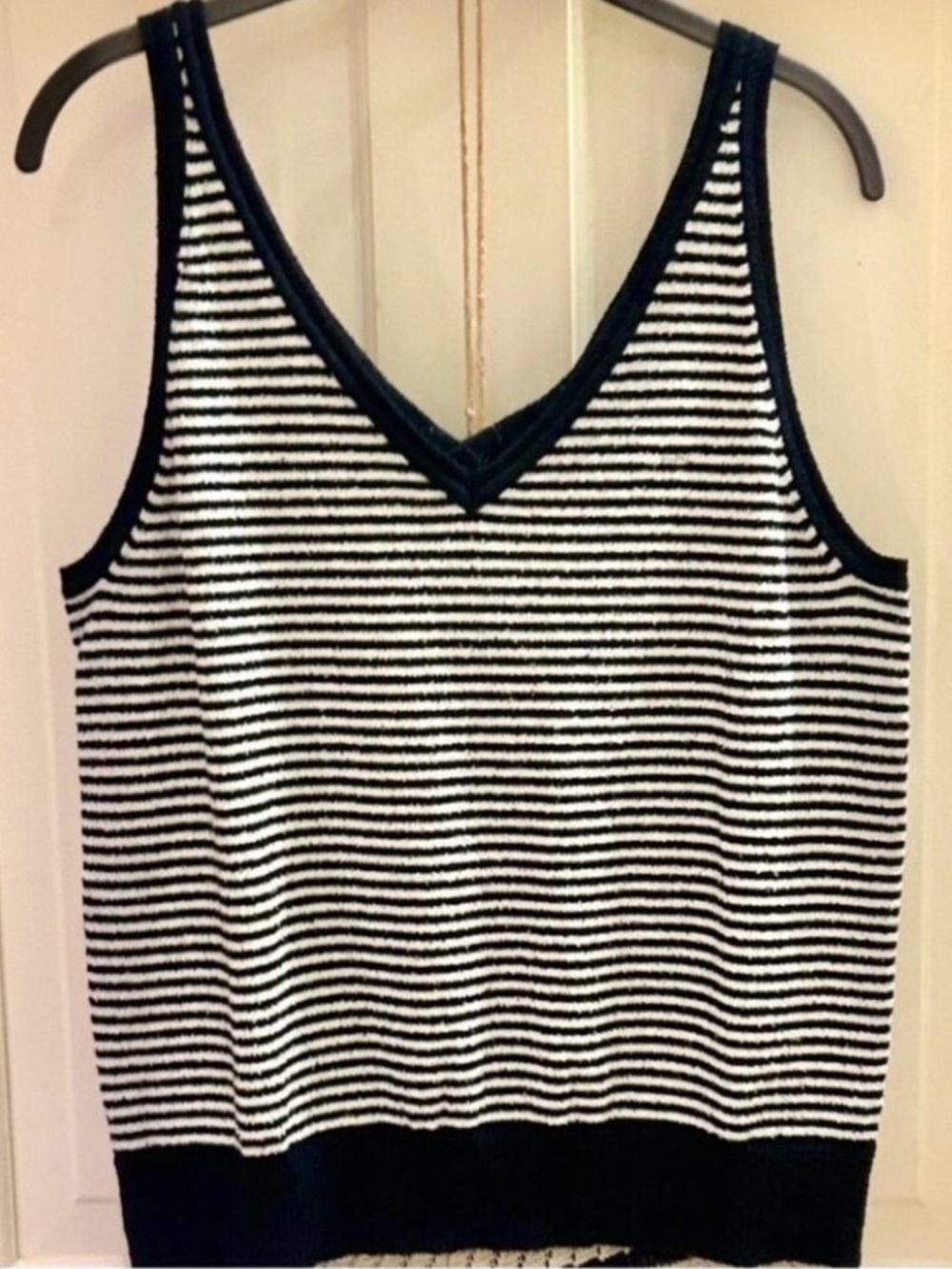 Toweling Terry Cloth Resort Tank Top Navy White Striped Double V Neck-Back Top